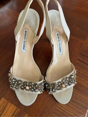Manolo Blahnik Linen D’rsay Kitten Heels with Pearls and Metallic Beads